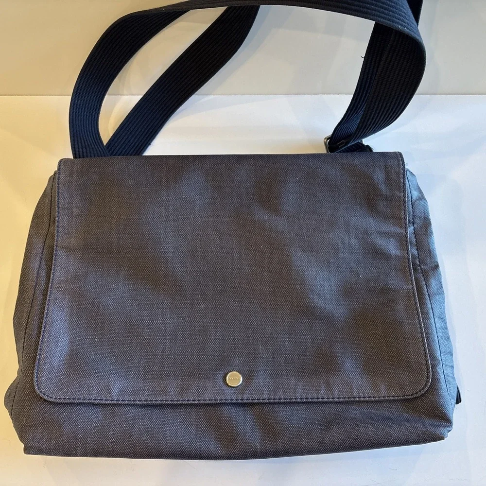 Skagen Eric Messenger Bag Heathered Navy Nylon‎ Leather Trim Large Zippers